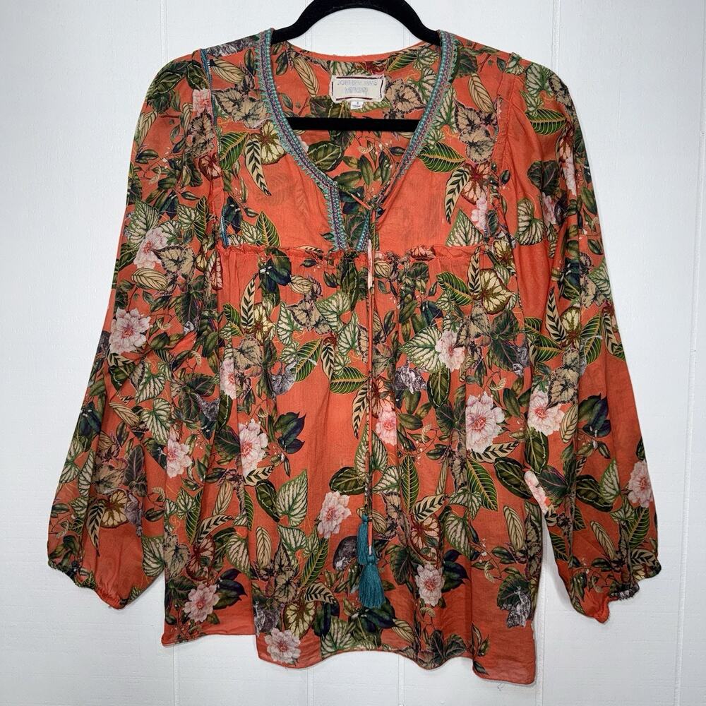Johnny Was Women’s Orange Tropical Floral Top Long Sleeve Size Small
